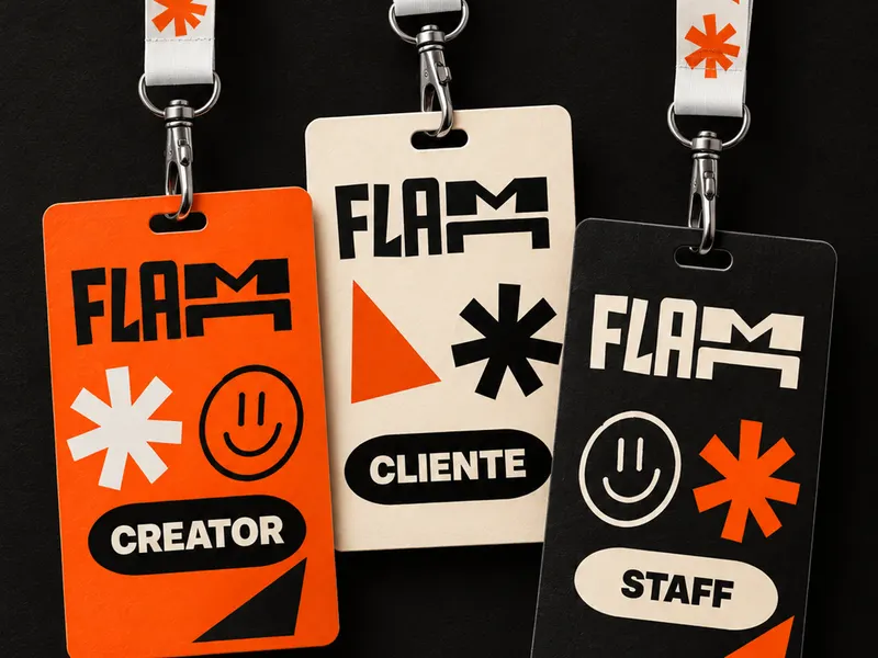 Credenciales de Creator, Cliente y Staff con lanyard estampado, merch de Flama Creators