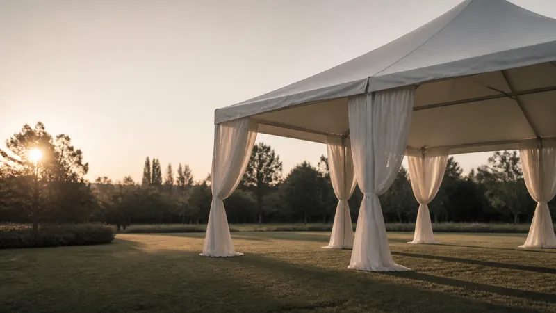 Carpa blanca vacía sobre el césped con cortinas de tela clara al atardecer