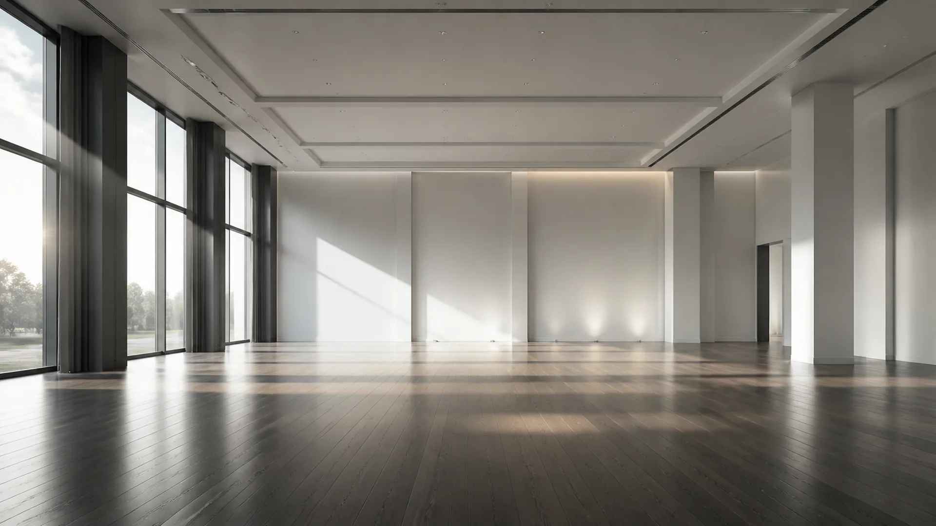 Salón de eventos vacío con ventanales y luz natural entrando en diagonal