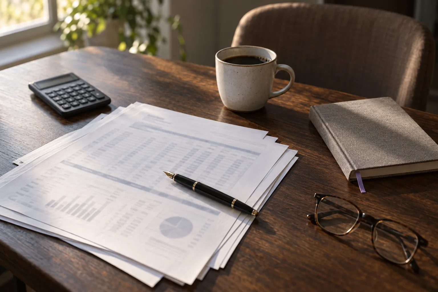 Escritorio con un presupuesto impreso, una calculadora, una pluma y una taza de café antes de que llegue nadie
