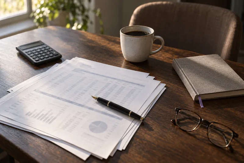 Escritorio con un presupuesto impreso, una calculadora, una pluma y una taza de café antes de que llegue nadie