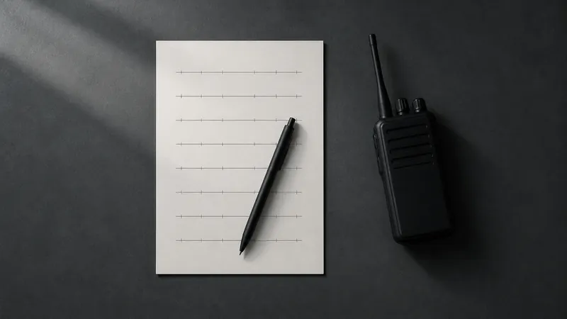 Hoja con un cronograma de líneas y marcas sobre una mesa oscura, junto a un bolígrafo y una radio de comunicaciones