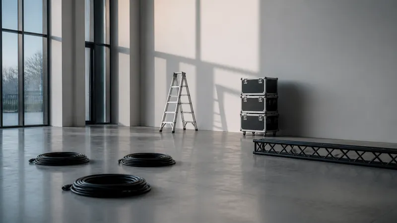 Sala vacía al amanecer durante el montaje: cables recogidos, escalera, cajas de transporte y un tramo de truss