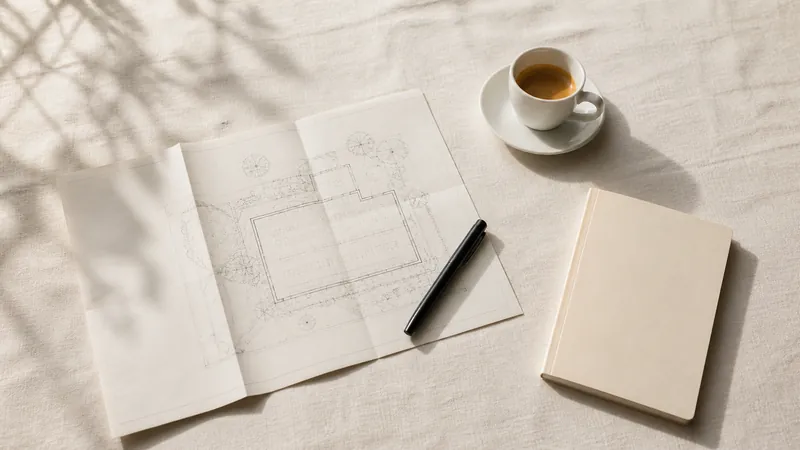 Plano de montaje de una carpa desplegado sobre un mantel de lino, con una pluma y un café al lado