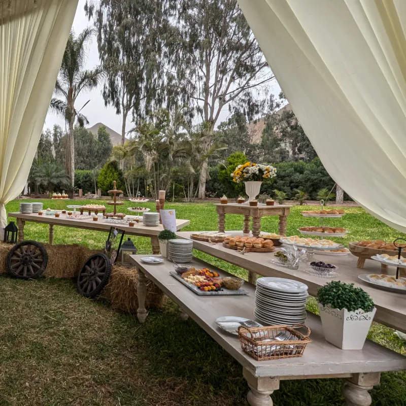 Mesa larga de banquete montada en el jardín con vajilla, mantel claro y arreglos