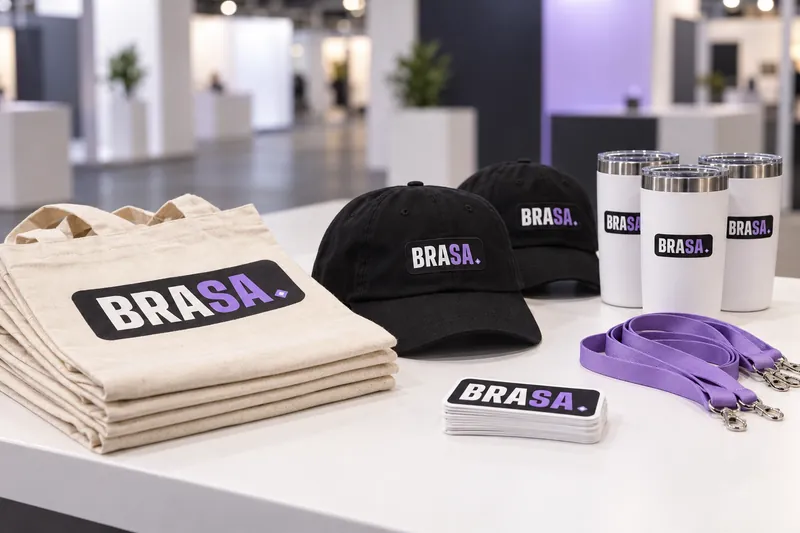 Imagen referencial: merch en el counter de un stand de feria, con tote bags, gorras, tomatodos, lanyards y stickers con marca