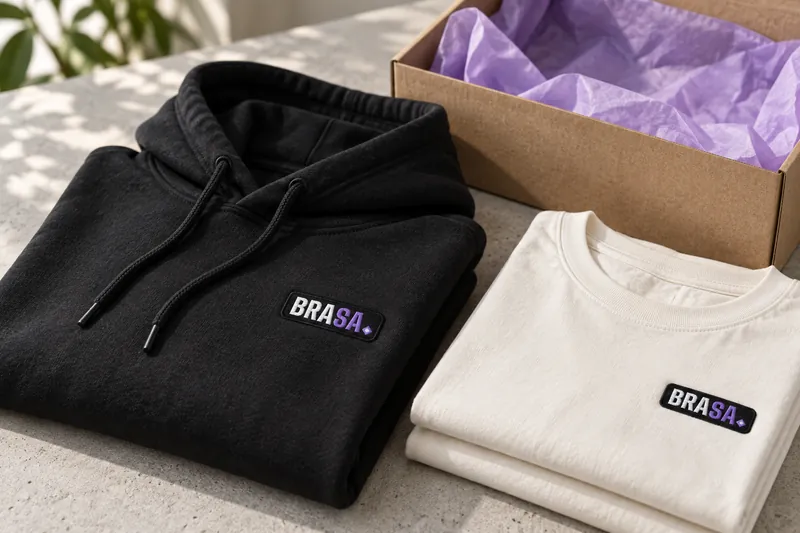 Imagen referencial: casacas y polos doblados con logo bordado junto a una caja kraft con papel seda lila