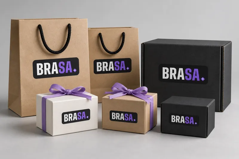 Imagen referencial: bolsas de papel kraft, caja de envío y cajitas personalizadas con marca sobre fondo gris