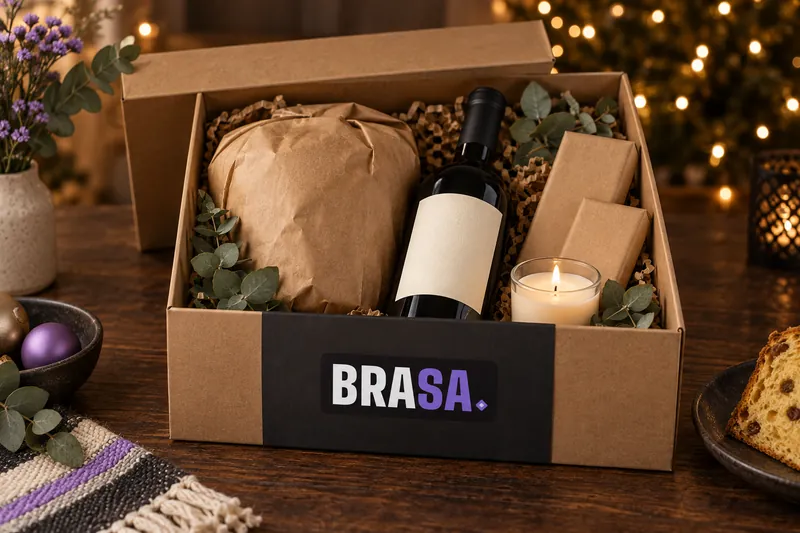 Imagen referencial: caja kraft de regalo corporativo de fin de año con panetón, vino, chocolates y una vela