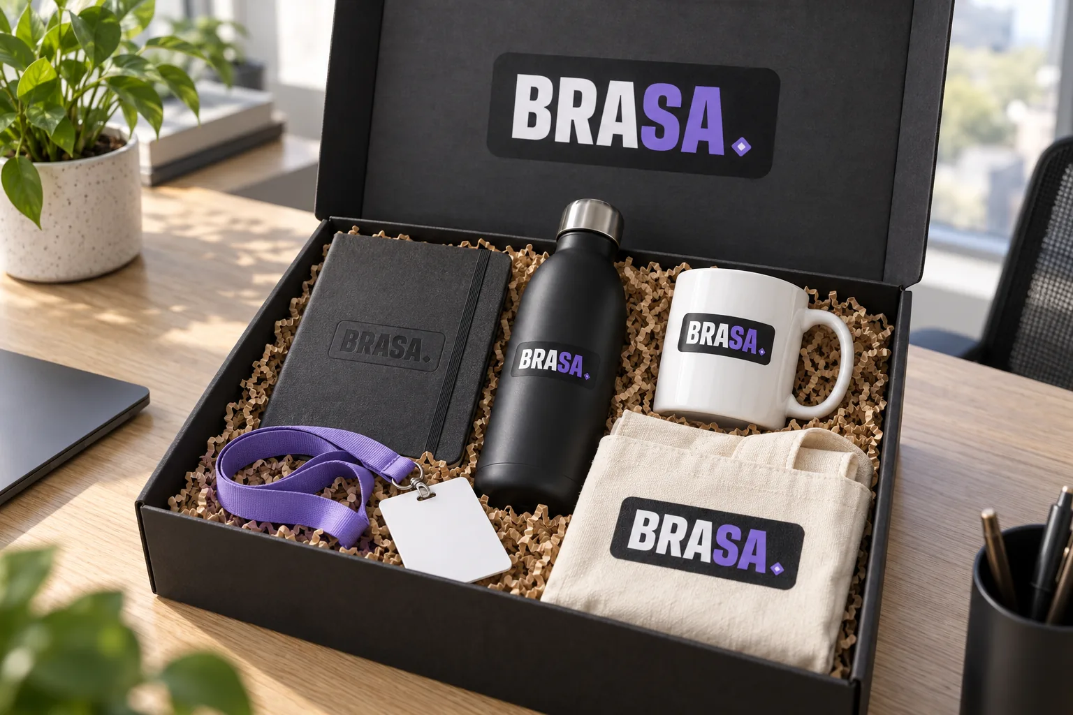 Imagen referencial: caja de bienvenida negra abierta con libreta, tomatodo, taza, lanyard y tote bag con la marca Brasa de ejemplo