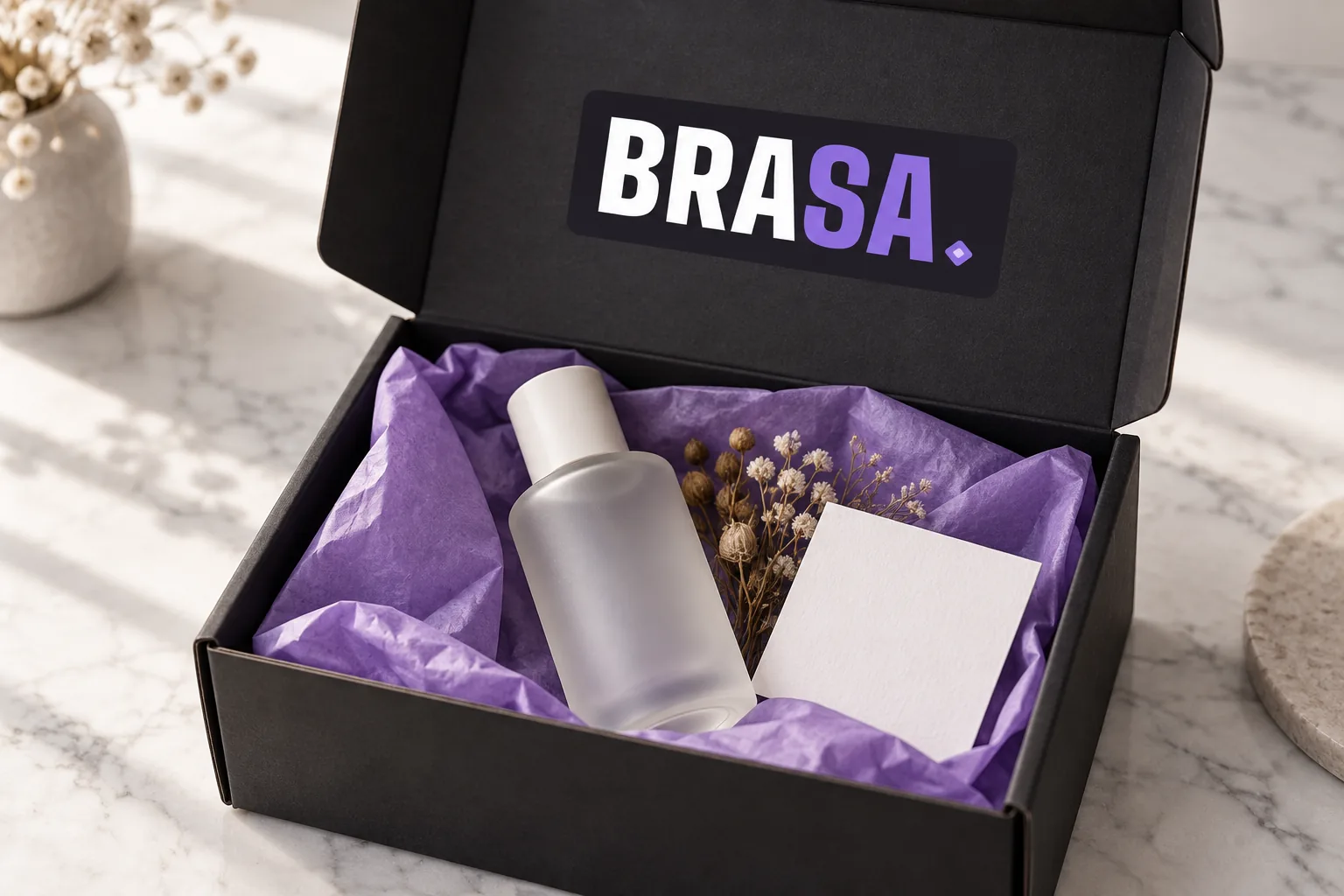Imagen referencial: caja PR negra para un lanzamiento con papel seda lila, un frasco sin marca y flores secas