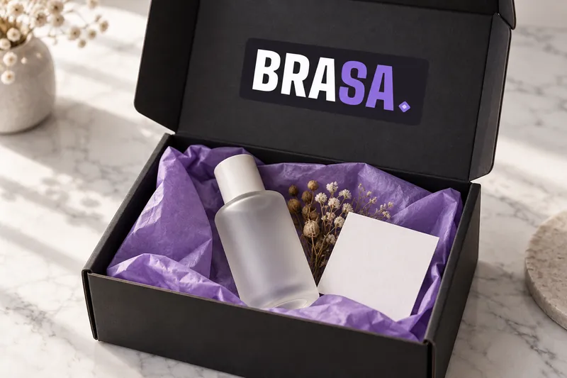 Imagen referencial: caja PR negra para un lanzamiento con papel seda lila, un frasco sin marca y flores secas