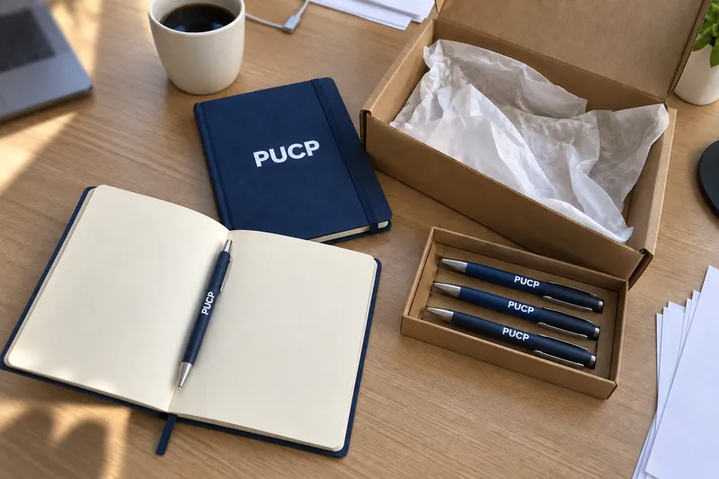 Cuadernos azul marino con el logo PUCP, uno abierto, junto a una bandeja con tres lapiceros y la caja del kit