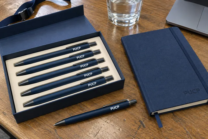 Estuche azul con cinco lapiceros PUCP alineados y un cuaderno con el logo en bajorrelieve